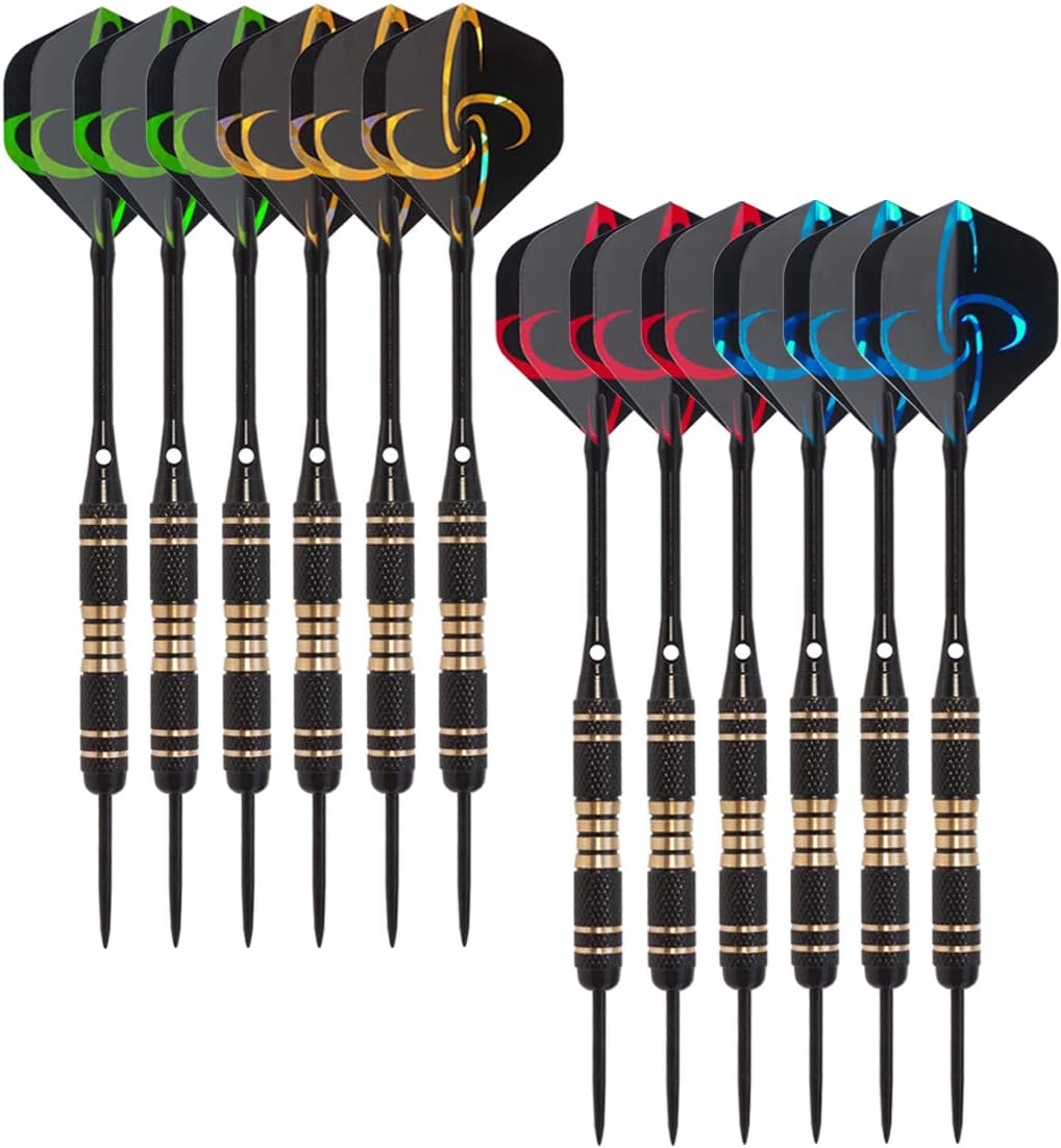 12 Pack Steel Tip Darts 22/23 Grams, Professional Darts Metal Tip Set with Aluminum Shafts, Standard Flights, Rubber O'Rings and Extra Dart Sharpener