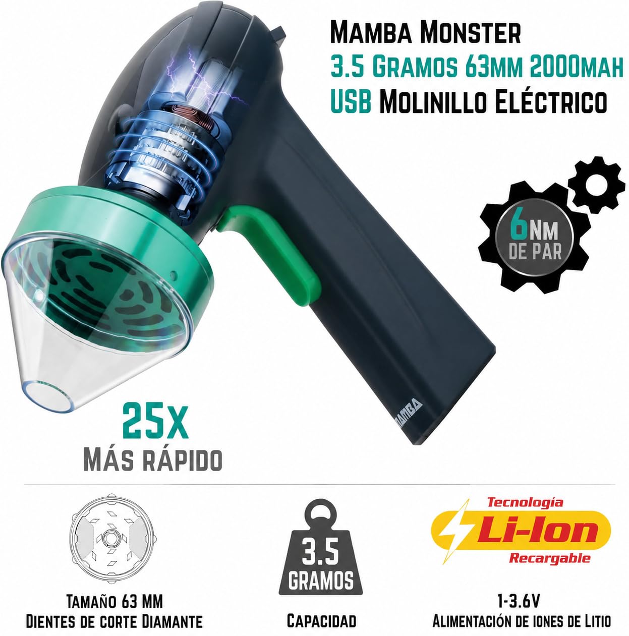 Mamba Monster Molinillo 3,5g para Especias Recargable USB, Verde | 3,5g capacidad, tubo cargador integrado, molienda unimanual, ideal para hierbas y especias de cocina
