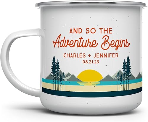 Loftipop Taza personalizada de boda de compromiso, fogata, taza de campamento esmaltada para el día de San Valentín, regalo de despedida de soltera