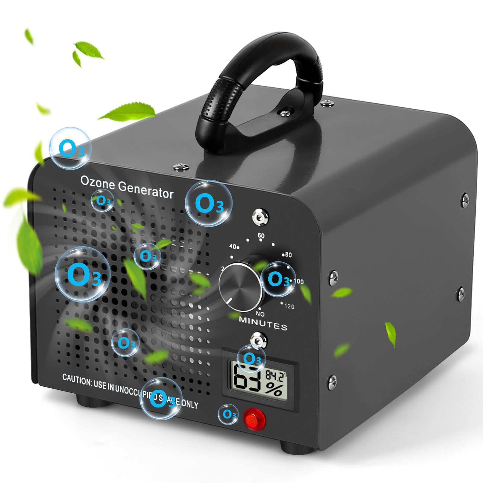 Generatore di Ozono 60000mg/h, Purificatore d'Aria Ozono con 120 Min Timer, Temperatura, Display di Umidità, Ozonizzatore per Auto, Casa, Ambiente, Fumo, Odori di Animali Domestici e Cucina