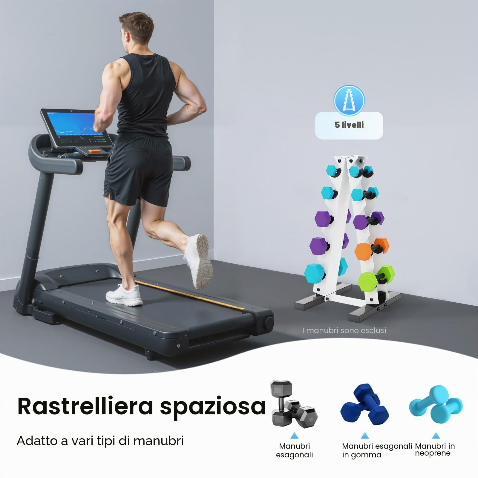 A-Frame Dumbell - Supporto per bilancieri, 34 x 32 x 65 cm, salvaspazio, 5 livelli, portata 100 kg, per palestra a casa