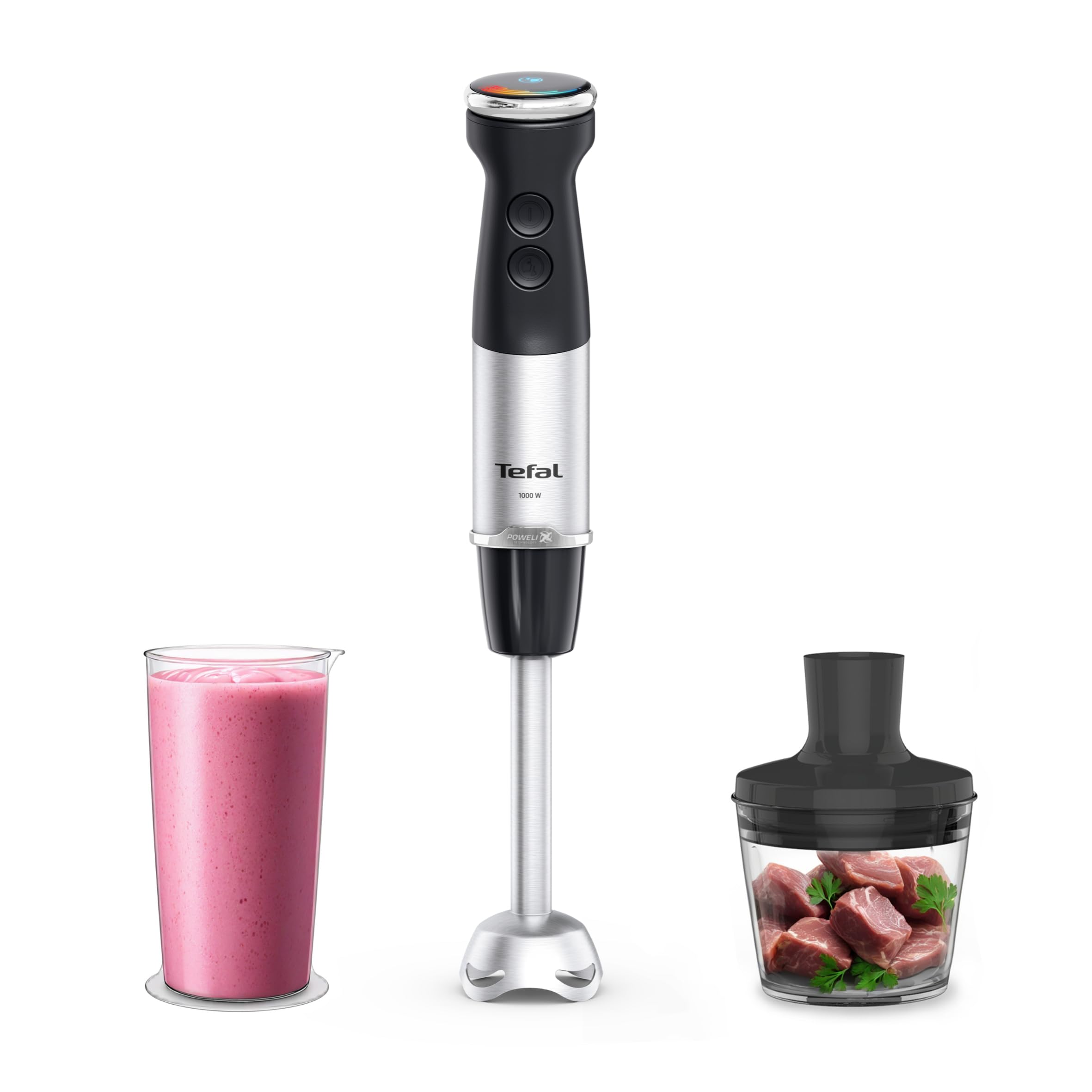 Tefal Quickchef+ 2-in-1 Stabmixer und Zerkleinerer, 1000 W, intuitive Geschwindigkeitsregelung, Turbo-Taste, Spritzschutz, Powelix-Messer-Technologie, Edelstahl, Schwarz, HB672830