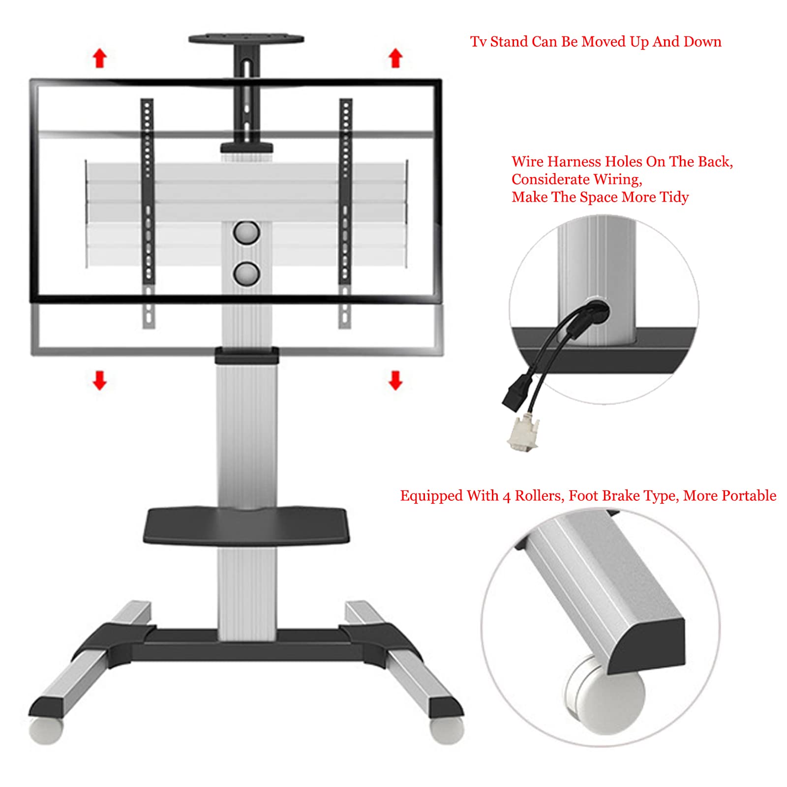 SRHIMEOS Chariot TV Meuble Télé Support avec Roulette Pied Pivotant et Réglable en Hauteur de 40 à 70 Pouces VESA Max de 600 x 400 mm Capacité Max de 70kg