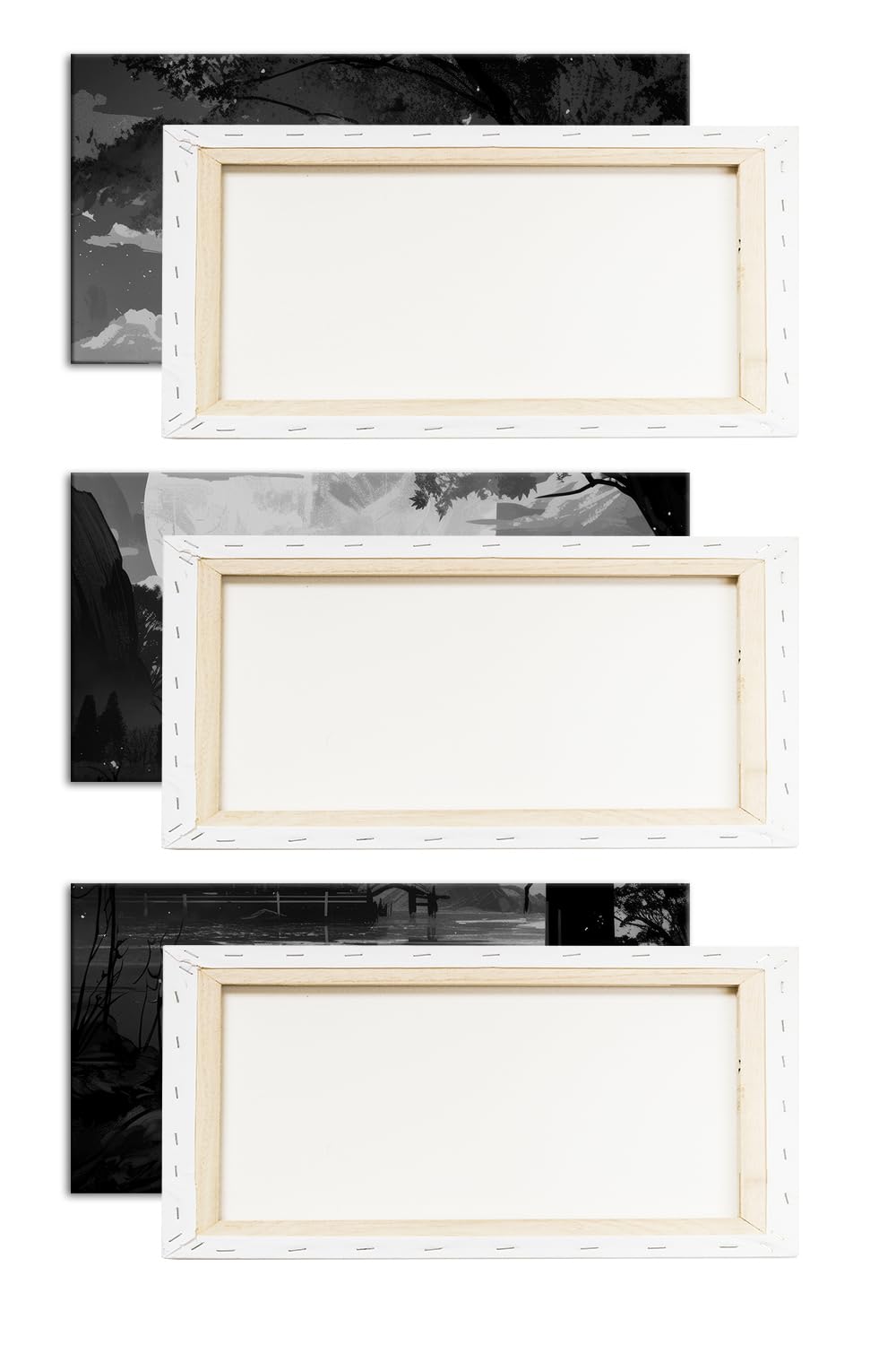 Podróżnik w świetle księżyca, ukryty w cieniu jesiennego japońskiego ogrodu. Format: 120 x 80 cm (3 części) Efekt: czarno-biały jako obraz na płótnie, motyw oprawiony na ramie z prawdziwego drewna,