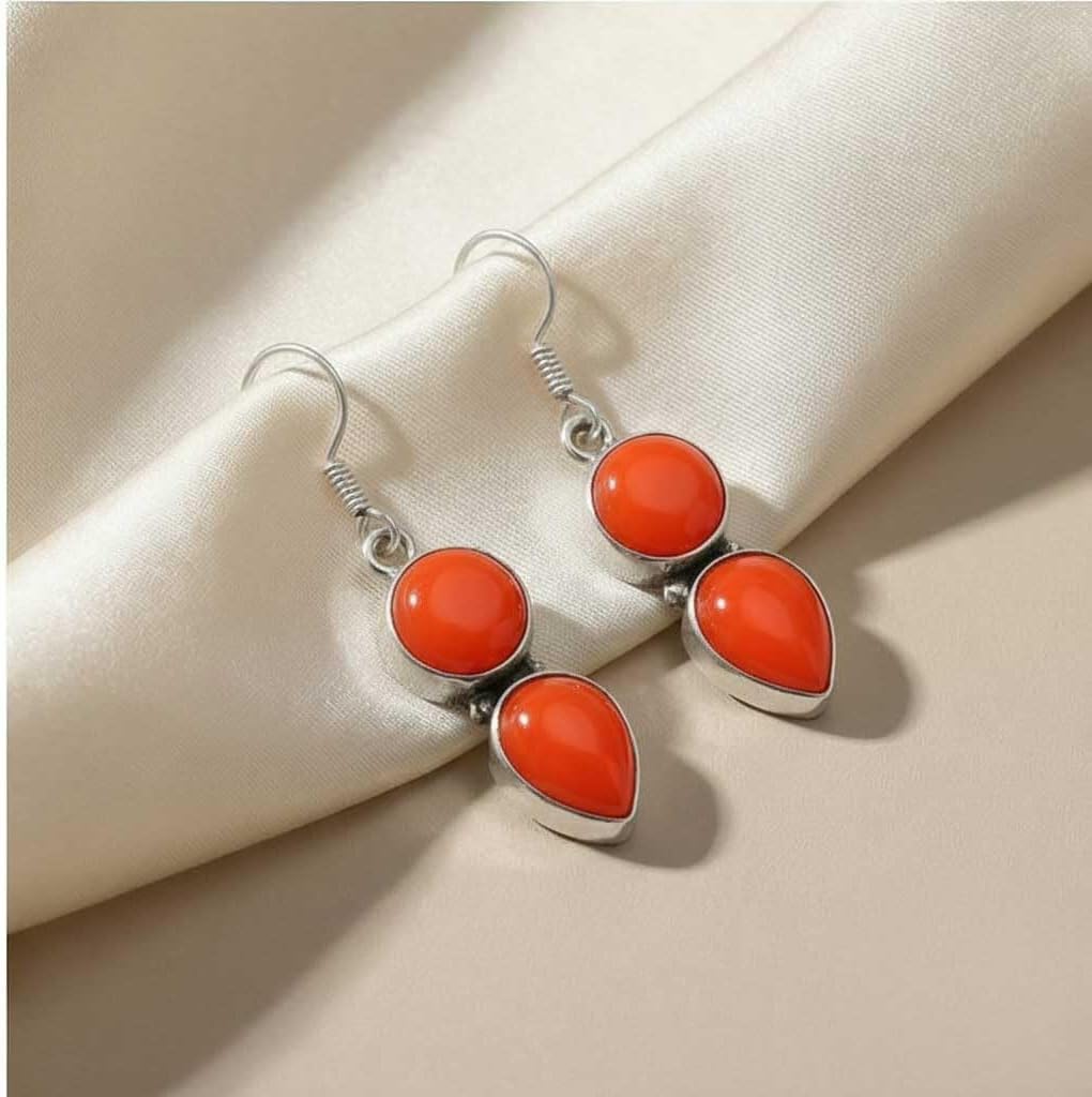 Natural Gemstone Drop Dangle Earring For Women Rose Quartz, Carnelian, Agate, Tiger Eye Round - Pear Boho 925 Sterling Silver Plated Handmade Jewelry