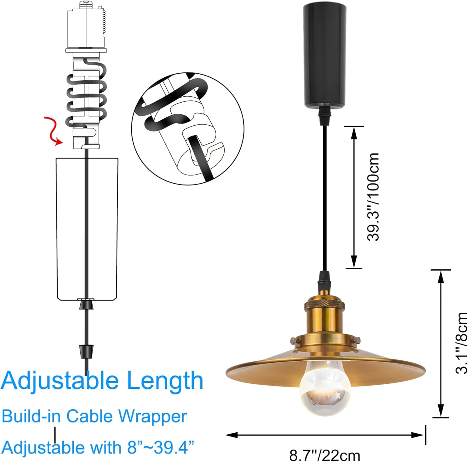 Kiven Anti Glare H-Type track lighting pendants Adjustable Length, 3-Light h track pendant lights, Industrial H Track Light Pedant for Kitchen Island Restaurant Hallway, Antique Gold