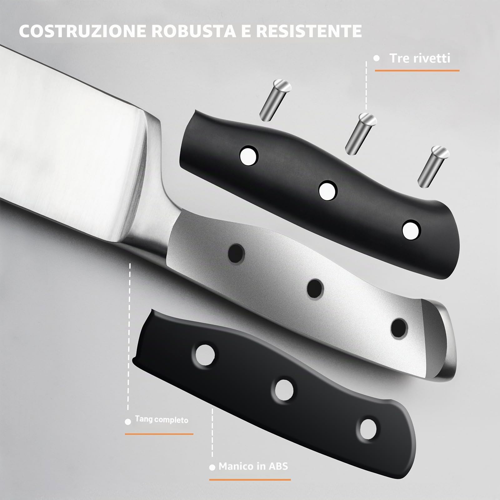 Set di 7 coltelli con Ceppo, 7 Pezzi, Chef, per Pane, Coltello a Fette, Multiuso Spelucchino, Forbici da Cucina Multifunzione e Blocco Coltelli, Manico Ergonomico