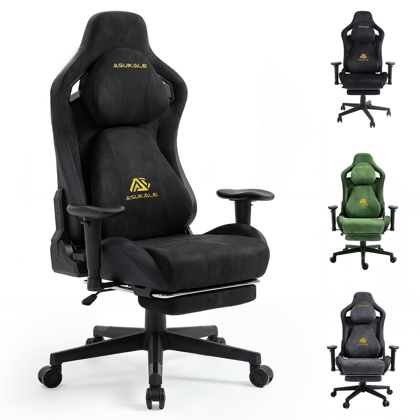 Asukale Gaming Stuhl, Atmungsaktiver Bürostuhl Ergonomisch, Wildlederimitat Gaming Chair, PC-Stuhl, Verstellbarer und Drehbarer Schreibtischstuhl mit Fußstütze, Kopfstütze und Lendenkissen, Grün