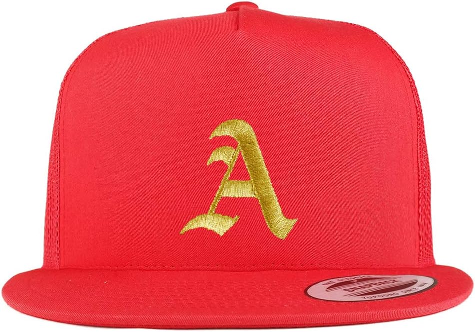Trendy Apparel Shop Old English Gold A Embroidered 5 Panel Flatbill Trucker Mesh Cap