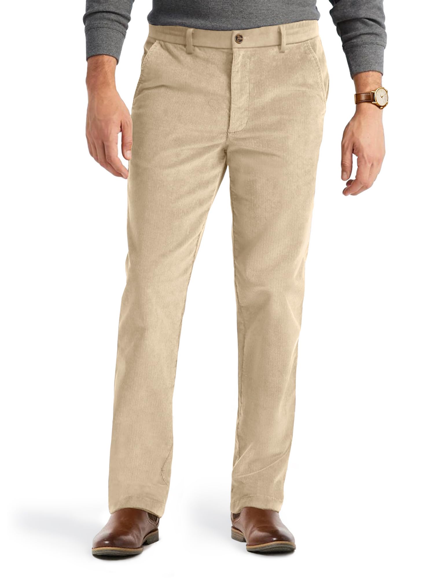 PLEPAN Mens Corduroy Pants - Casual Classic Fit Stretch Elastic Waist Dress Pants