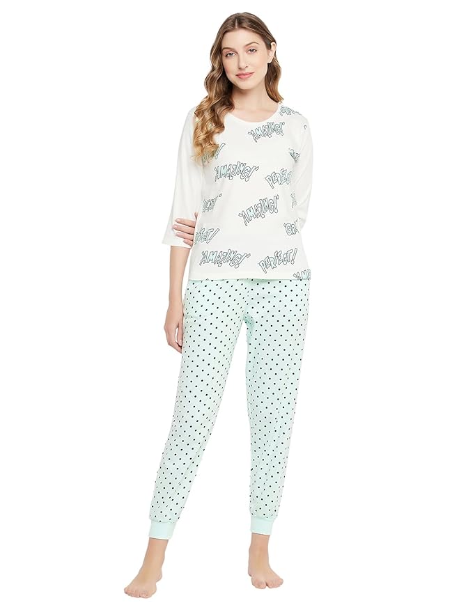 Clovia Womens Cotton Printed Top & Pyjama in White at Rs. 480