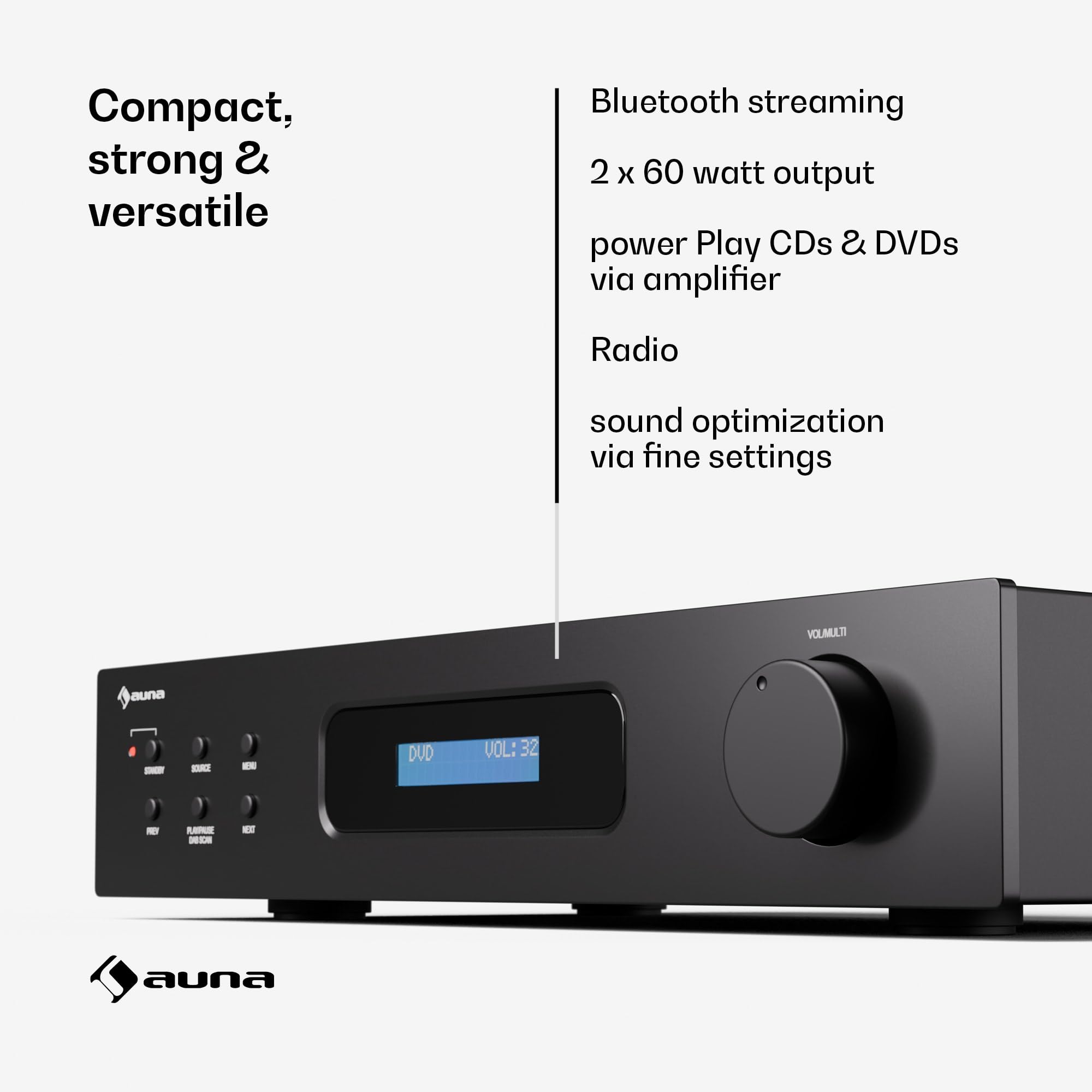 Auna HiFi Stereo-Verstärker 2x60W mit Bluetooth, Fernbedienung, DAB+ Radio, CD/DVD-Player-Eingang - Hochwertiger Audioverstärker für CD-Player, Plattenspieler & Radio