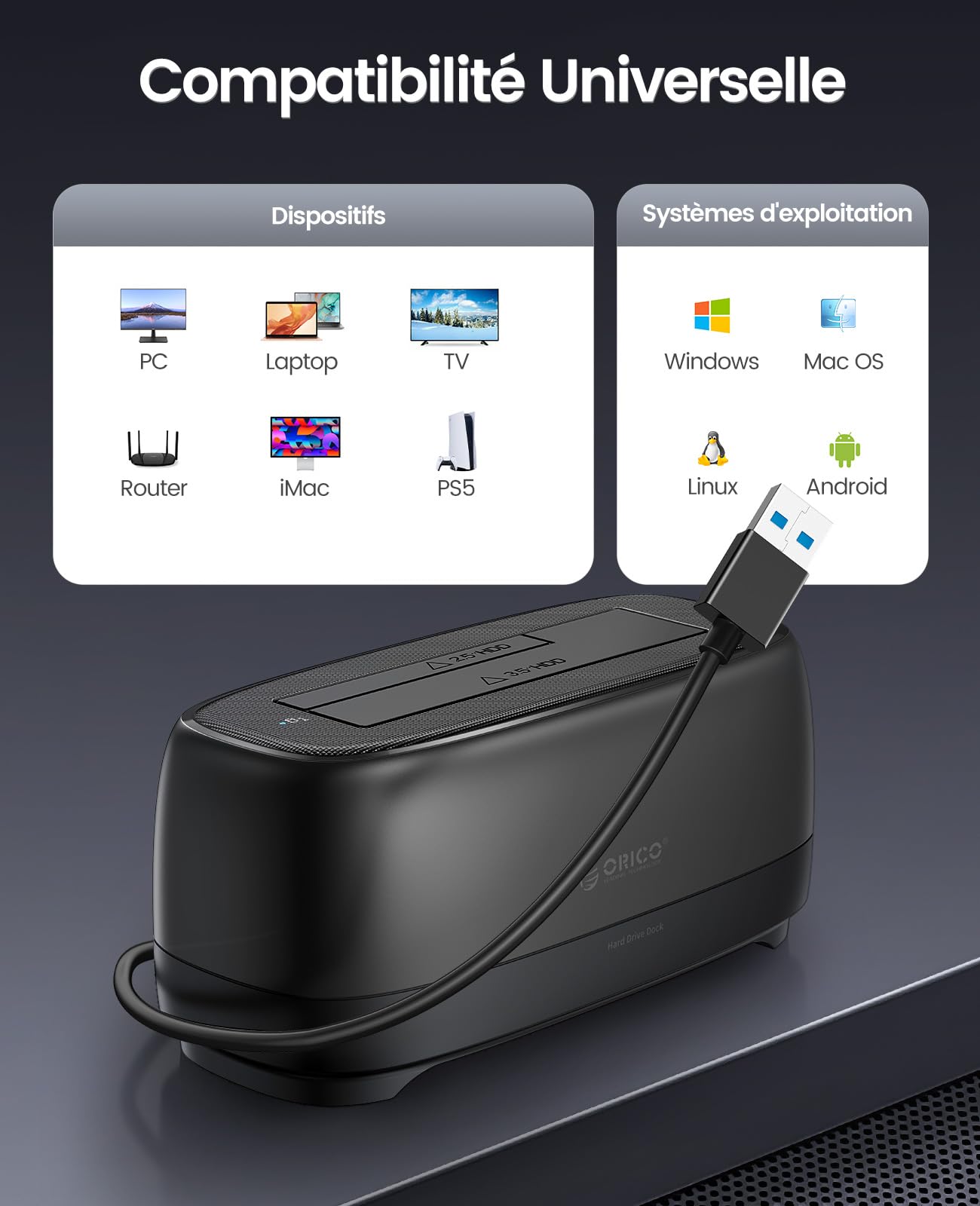 ORICO SATA SSD/HDD Dock pour Disque Dur, USB 3.0 Station d'accueil pour Dique Dur de 2,5 et 3,5 Pouces, Supporte UASP et Les disques de 20To(DD18U3)