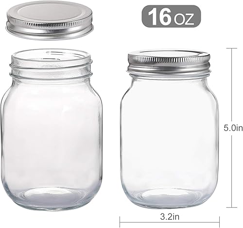 Miniatura 2 de Glass Regular Mouth Mason Jars, 16 oz Clear Glass Jars with Silver Metal Lids for Sealing, Canning Jars for Food Storage, Overnight Oats, Dry Food