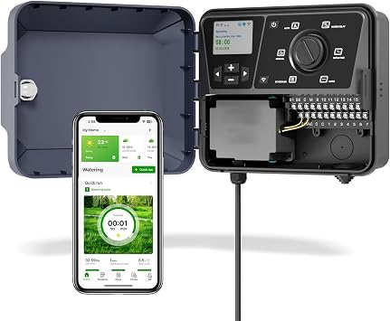 Outdoor Smart Sprinklers Controller 2.4GHz WiFi, Irrigation Controller Easy Use App Enabled, 16 Zones + 16 Plans, Save Water Auto Skip Rain, Freeze & Wind, 10 Minutes Install