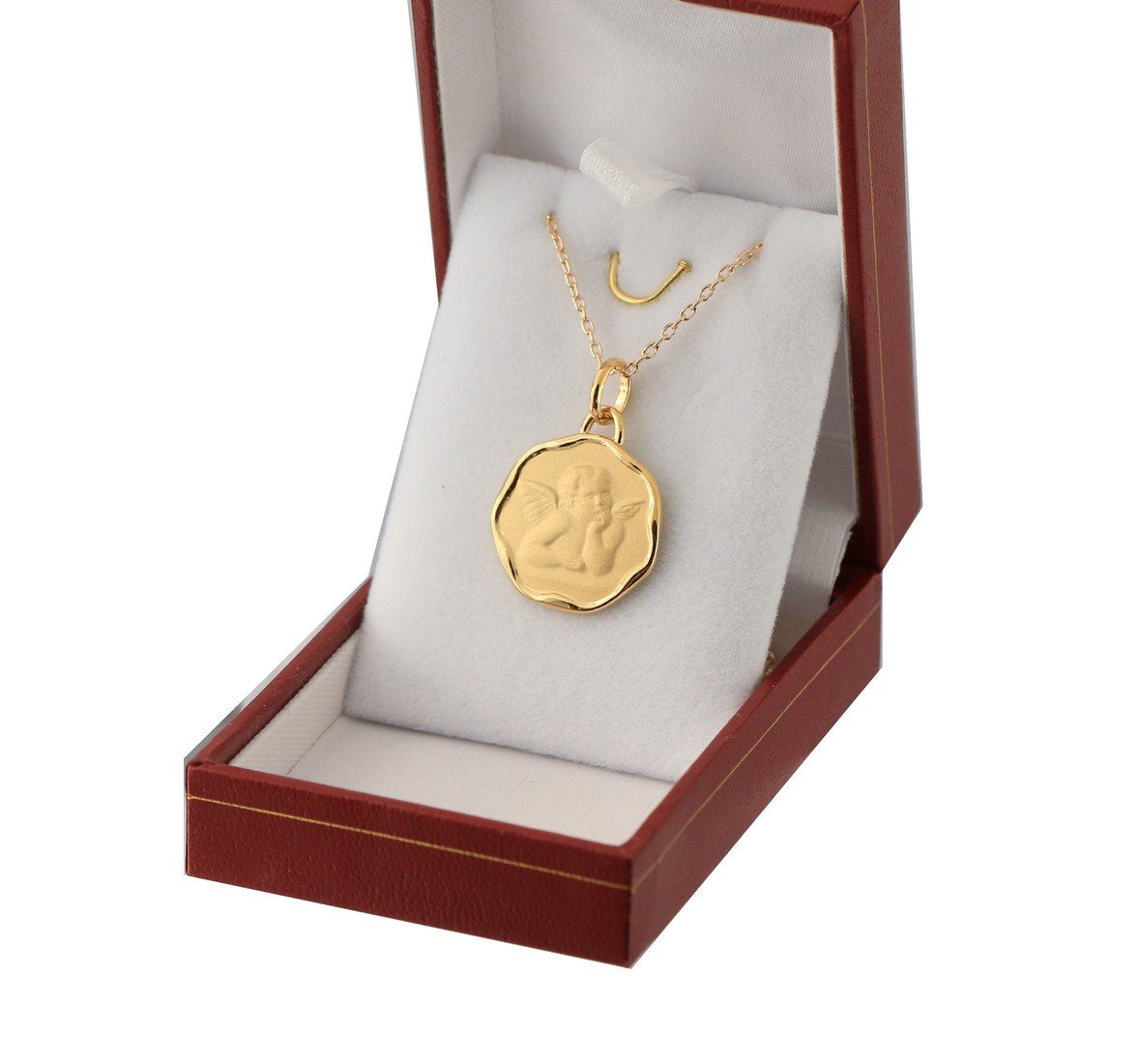 Médaille Ange naissance ou baptême plaqué or ronde avec gravure incluse et chaine de 45cm
