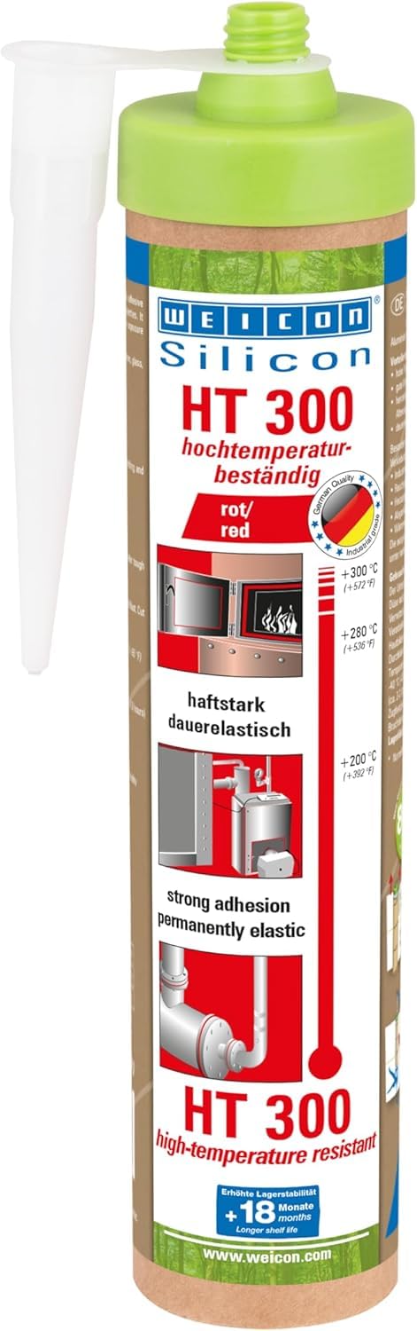 WEICON Green Tube Silicon HT 300, Hochtemperaturkleber, Dichtschnurkleber, Ofenkleber, Kaminkleber, nachhaltige Kartusche, rot