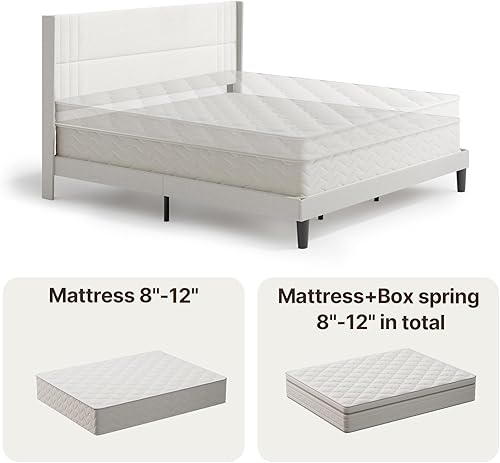 Miniatura 25 de Gizoon Base de cama Queen con cabecera de ala, plataforma tapizada con cabecera geométrica moderna, listones de madera, sin ruido, no necesita