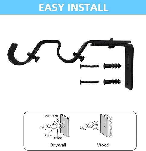 Miniatura 2 de Soporte de barra de cortina doble resistente, 3 soportes ajustables para barras de 34 y 58 pulgadas (negro)