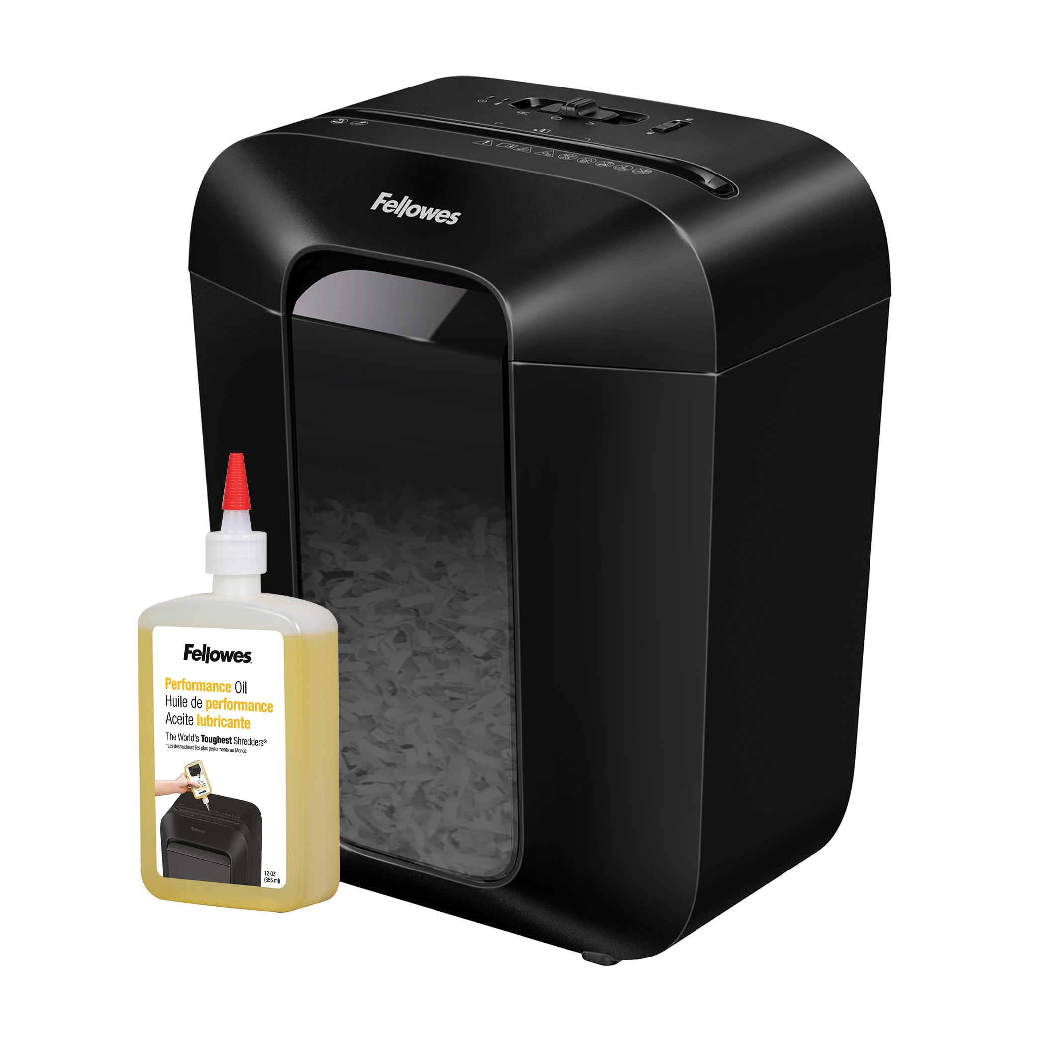 Fellowes distruggi documenti a frammento LX50, 9 fogli, trita documenti per casa e piccolo ufficio, uso personale, nero + Olio per Distruggi Documenti, 355 ml - Olio Lubrificante con Beccuccio
