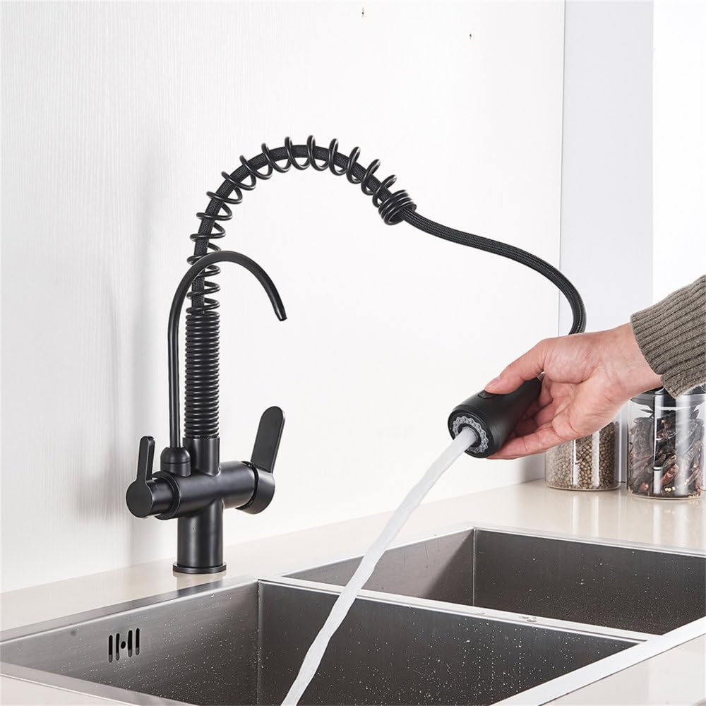 Robinet de cuisine noir mat mélangeur évier trois voies avec eau filtrée
