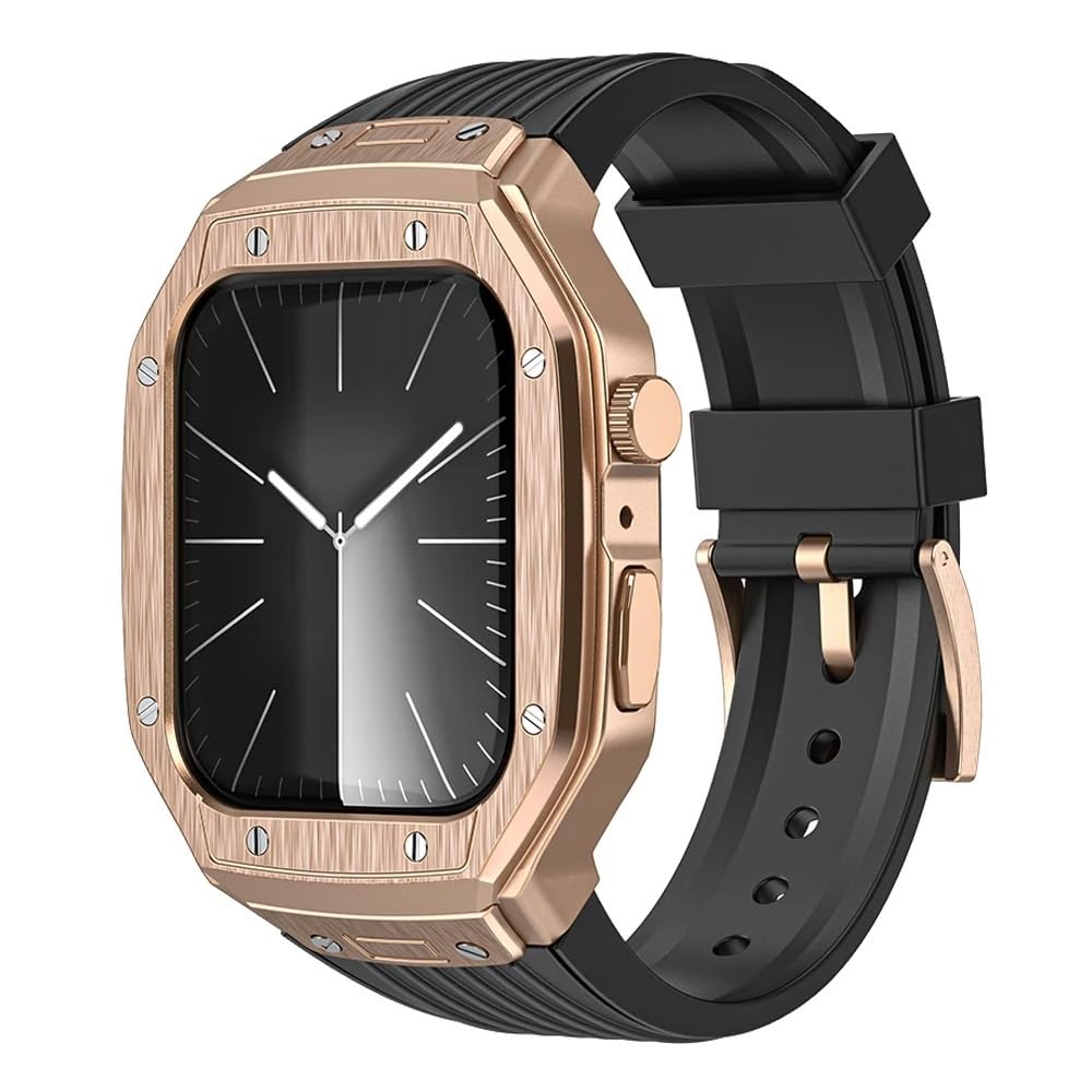 AMAUPCKCA Luxury Metal Modification Kit For Apple Watch Series 9 8 7 45mm 6 5 4 SE 44mm Rubber Band IWatch Refit Mod Kit Bezel Case Band(Black Rose,45mm)