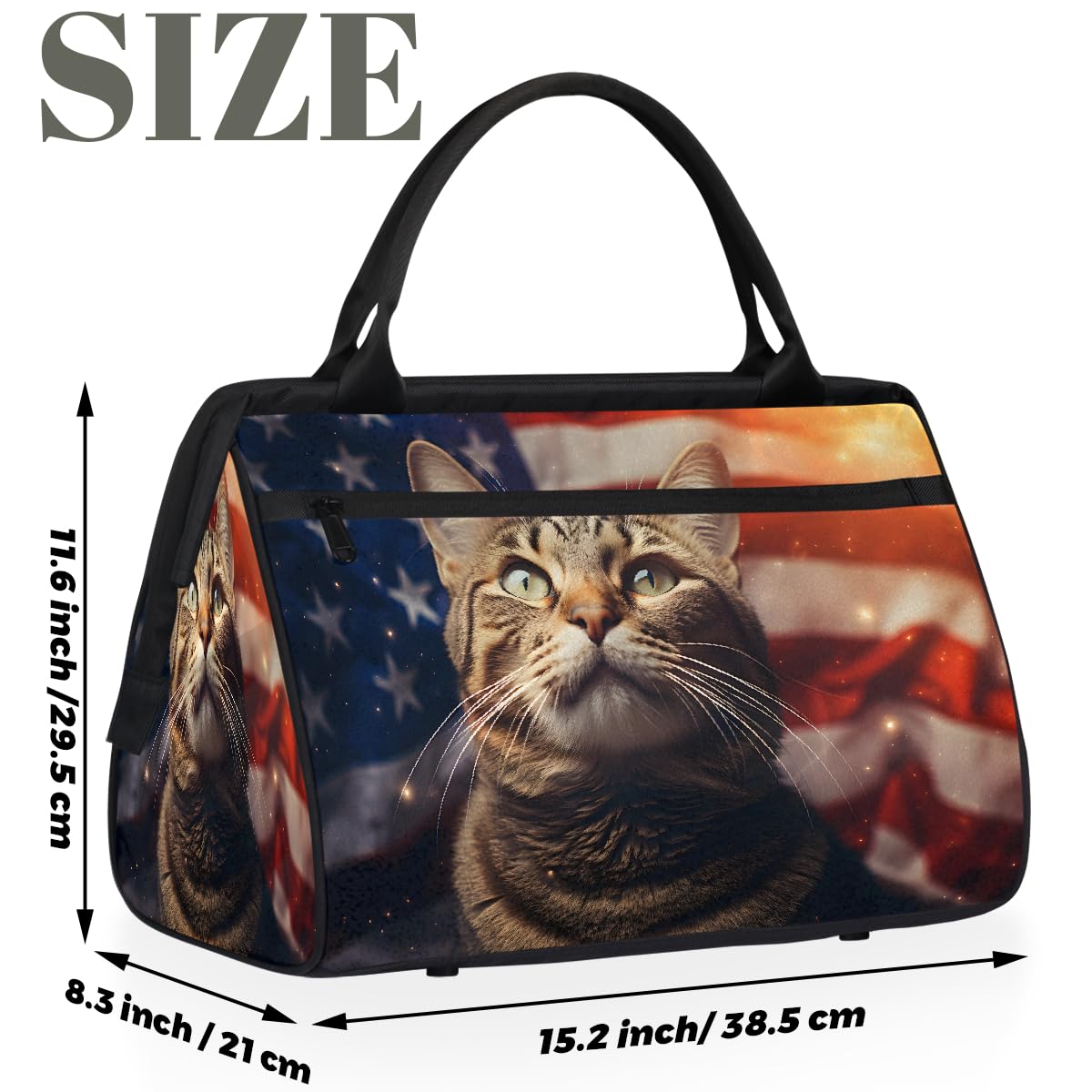 Borsa da palestra con gatto con bandiera americana del 4 luglio per uomini e donne, borsone sportivo da viaggio impermeabile per il fine settimana borsa da notte leggera da portare a mano