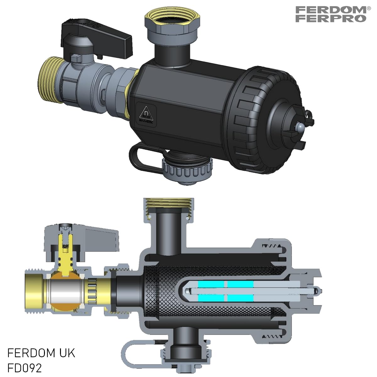 FERDOM FD092 SMART 3/4" Filtro Magnetico Per Sistemi Di Riscaldamento e Solari. Magnete al Neodimio 9000 Gs. Con Separatore di Sporcizia Non Magnetiche, Maglia 500 Mic. Per Caldaie Murali Max.24 kW