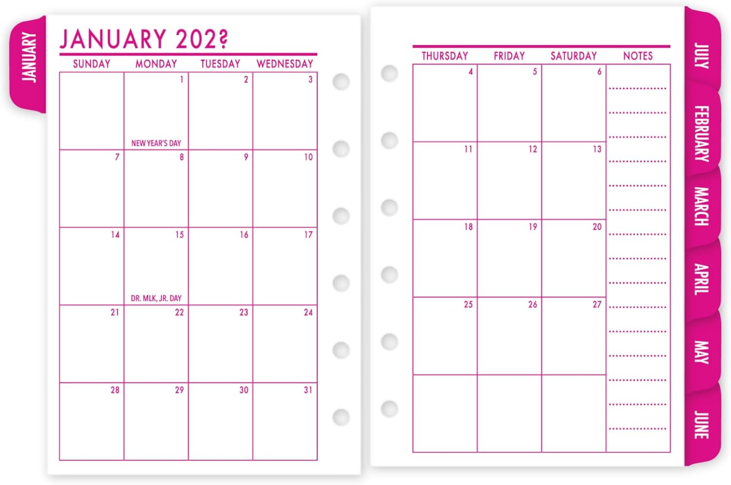 Pocket Fuchsia Flare Month on 2 Pages Tabbed Calendar Refill, 3.2 x 4.7, Sunday Start, Ring Binder Planner Insert, Dated Monthly View, Dark Pink Full Color Print, Choose 12 Months