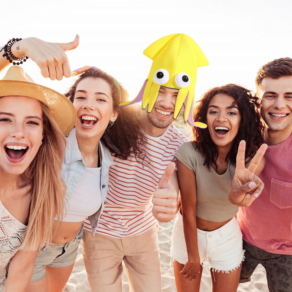 Copbopwn Playful Squid Hat Soft Breathable Fabric Funny Party Hats Octopus Hat for Costume Party Yellow Fish HatCute Sea Creature Headwear Themed Event Dressing Silly Hats for Adults (Yellow) - Image 4