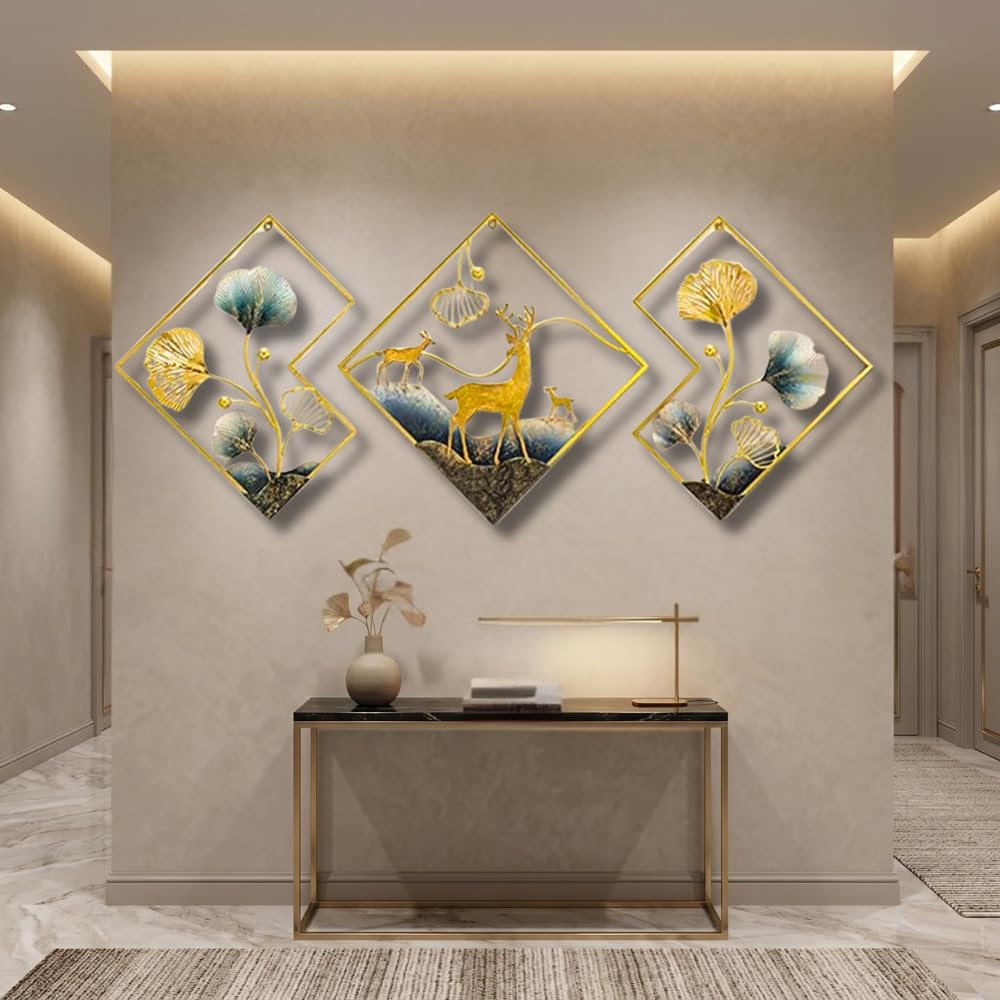 Wall Hanging Decoration for Living Room - Set of 3 Metal Wall Art | Gold Deer & Ginkgo Leaf Iron Decor | Home Decoration Items for Bedroom, Hall, Office | Wall Hangings for Living Room (Medium, Gold/Teal)-image-45