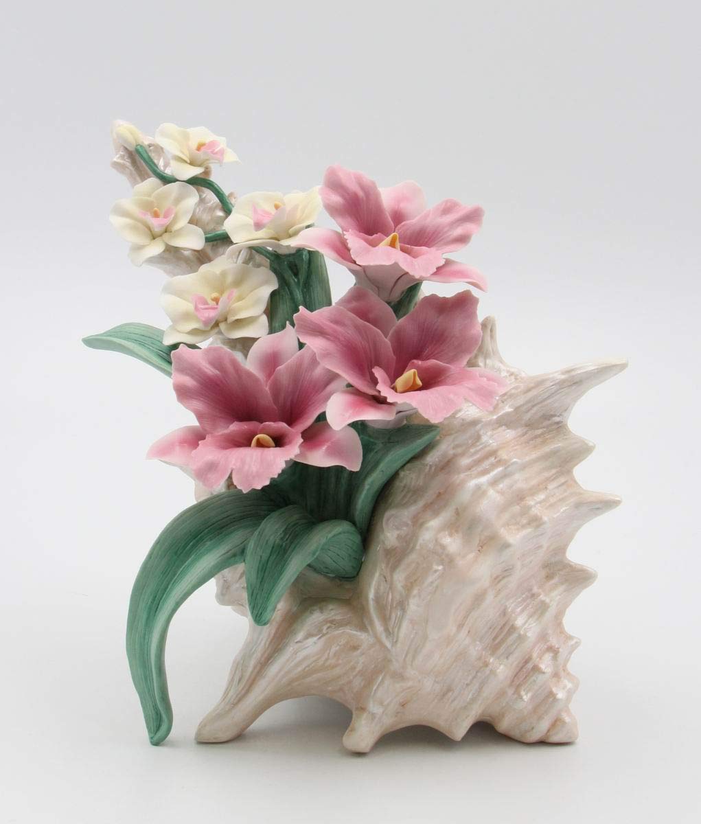 Cosmos Gifts 10178 Statuetta di Conchiglia con Orchidea, Verde