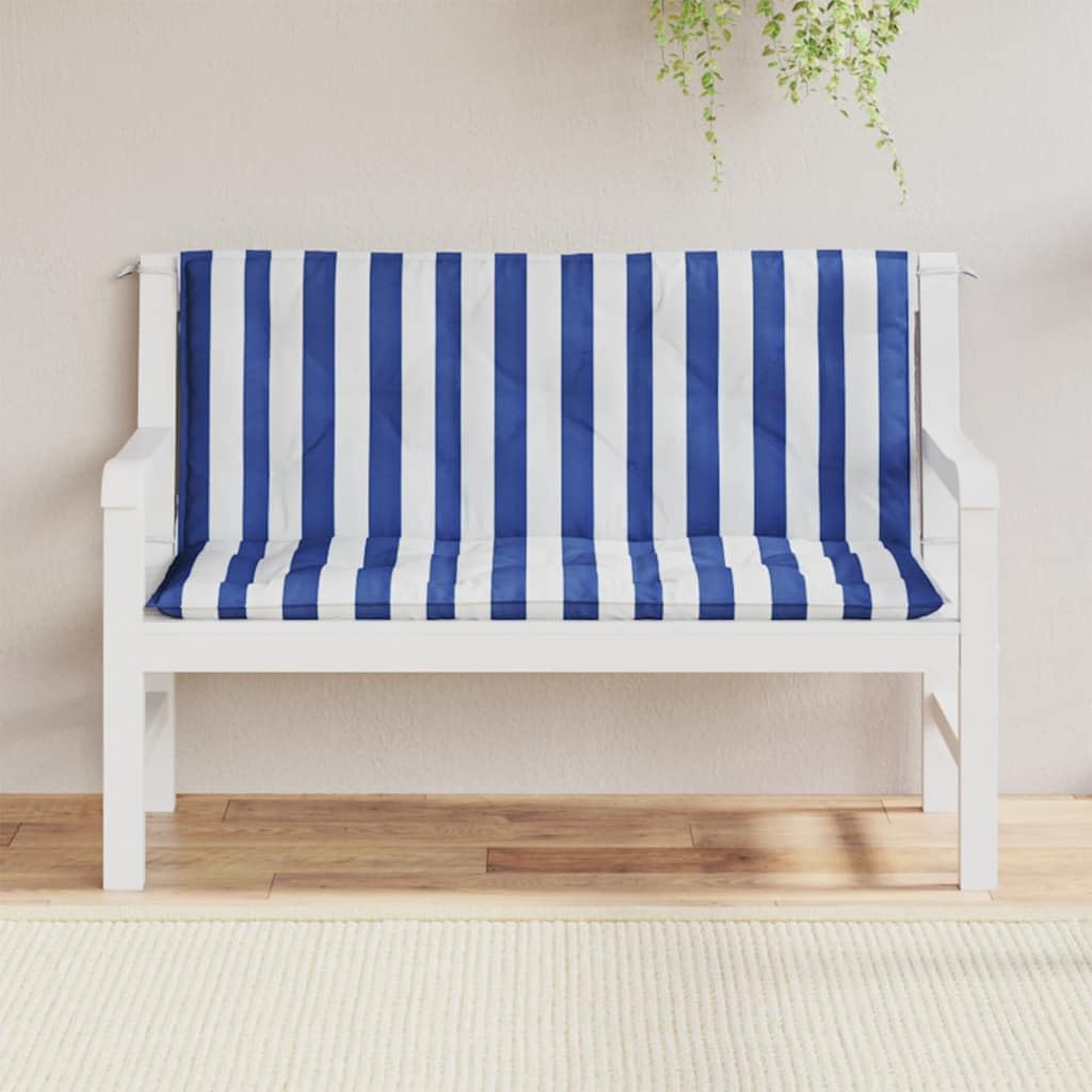 Set 2 Cuscini Panca Giardino Righe Blu Bianche 120x50x7cm | Morbida imbottitura in fibra cava con pratiche corde di fissaggio, perfetti per panca da terrazzo, patio e veranda.
