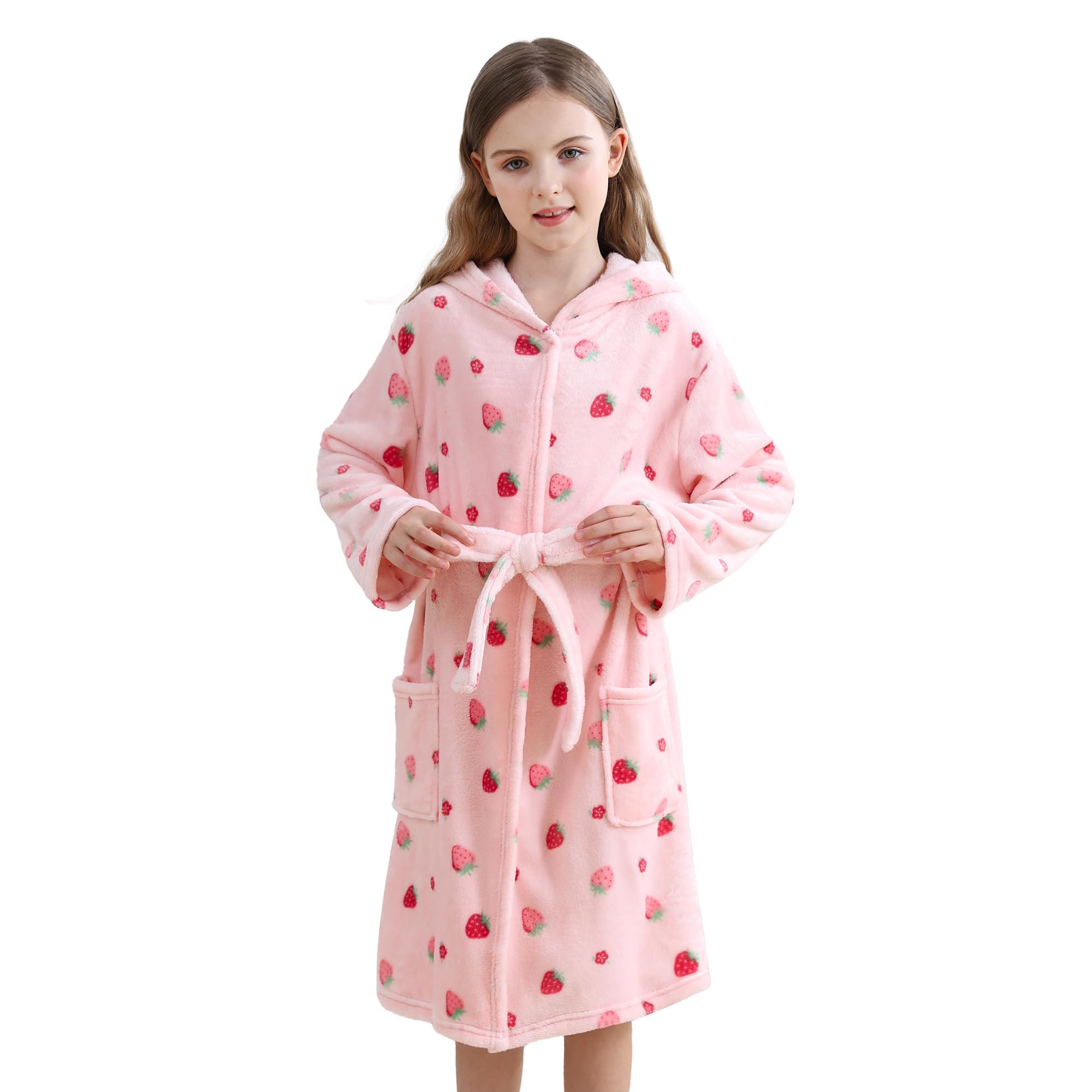 V.&GRIN Girls Fleece Hooded Robe, Kids Soft Plush Warm Printed Bathrobe Sleepwear Gifts for 5-14 Years