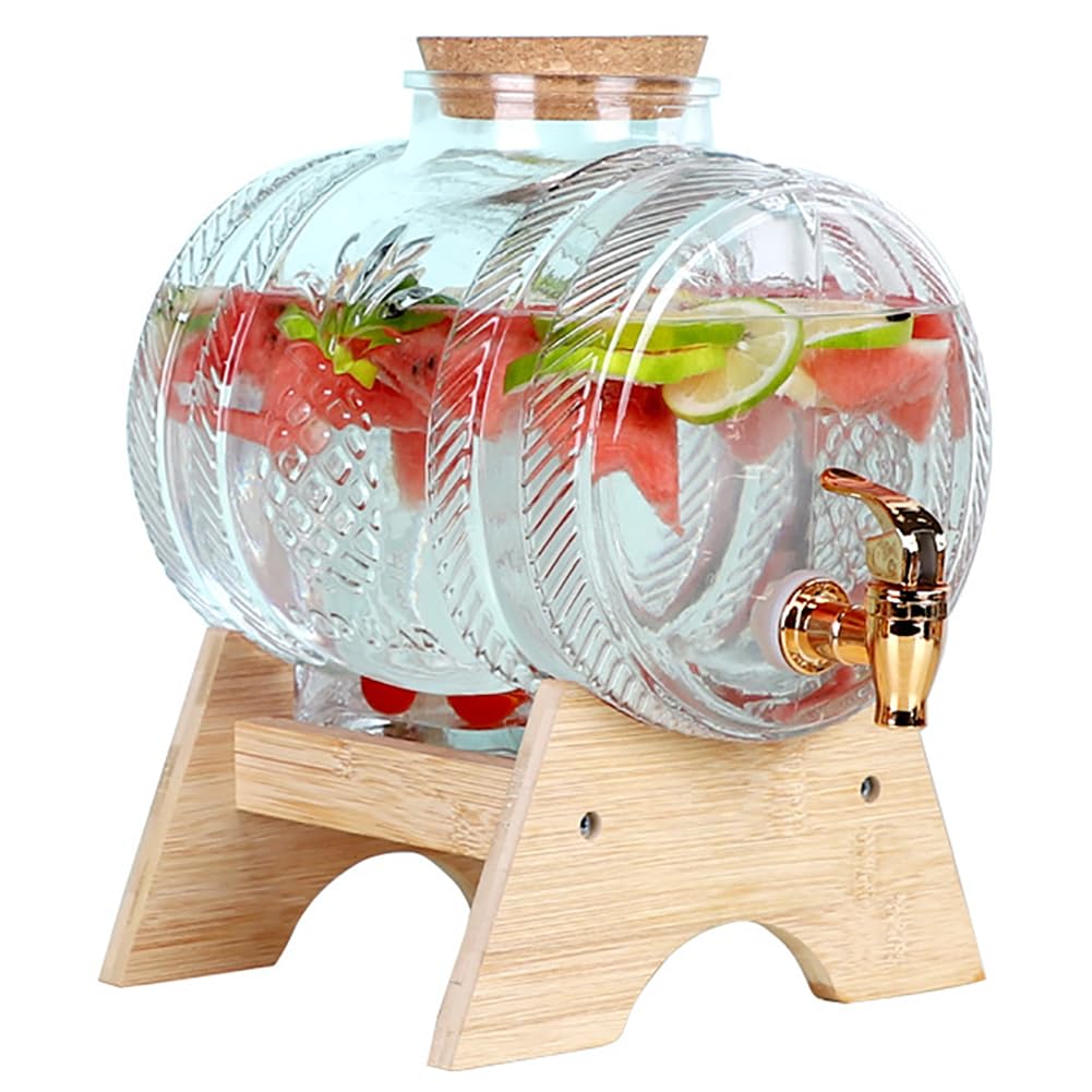 Dispensador de bebidas de vidrio 1L/3L/5L Dispensadores de bebidas heladas con grifo y soporte de madera, dispensador de bebidas Dispensador de bebidas frías para barbacoa, picnic, fiesta en la piscin