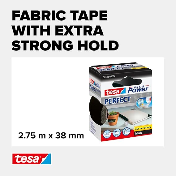 tesa UK Extra Power Multi-Purpose Cloth Tape, 2.75 m x 38 mm - Black