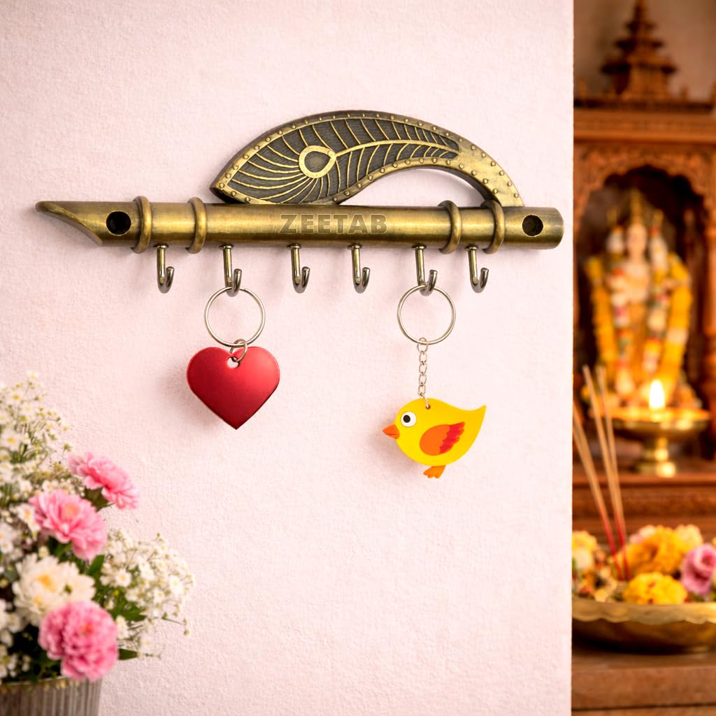 Zeetab Antique Lord Krishna Key Holder & Hanger, Flute Key Stand with Peacock Quills & Royal Art Brass 6 Hook Wall Mount, Home Decor Gift (Antique Brass)-image-13