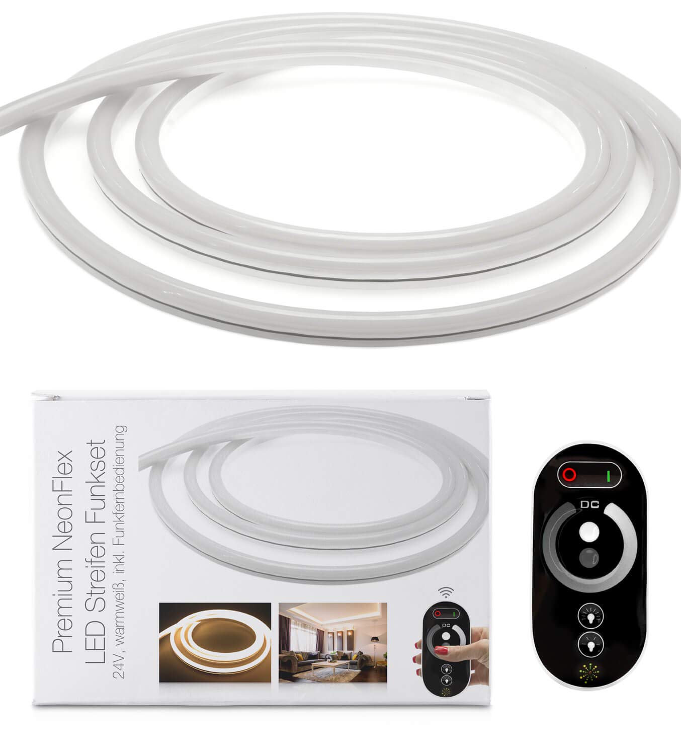 LED Universum Premium Tiras de Neon Flex, juego de radio, 10m, 24V, blanco cálido, IP68, incluyendo mando a distancia de radio, controlador y fuente de alimentación