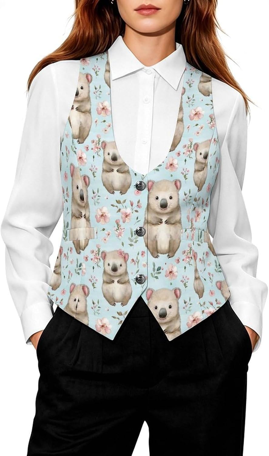 Cute Wombat And Flowers Pattern Women's Tuxedo Waistcoat Suit Vest | 3 Button V-Neck Slim Fit Casual Sleeveless Top