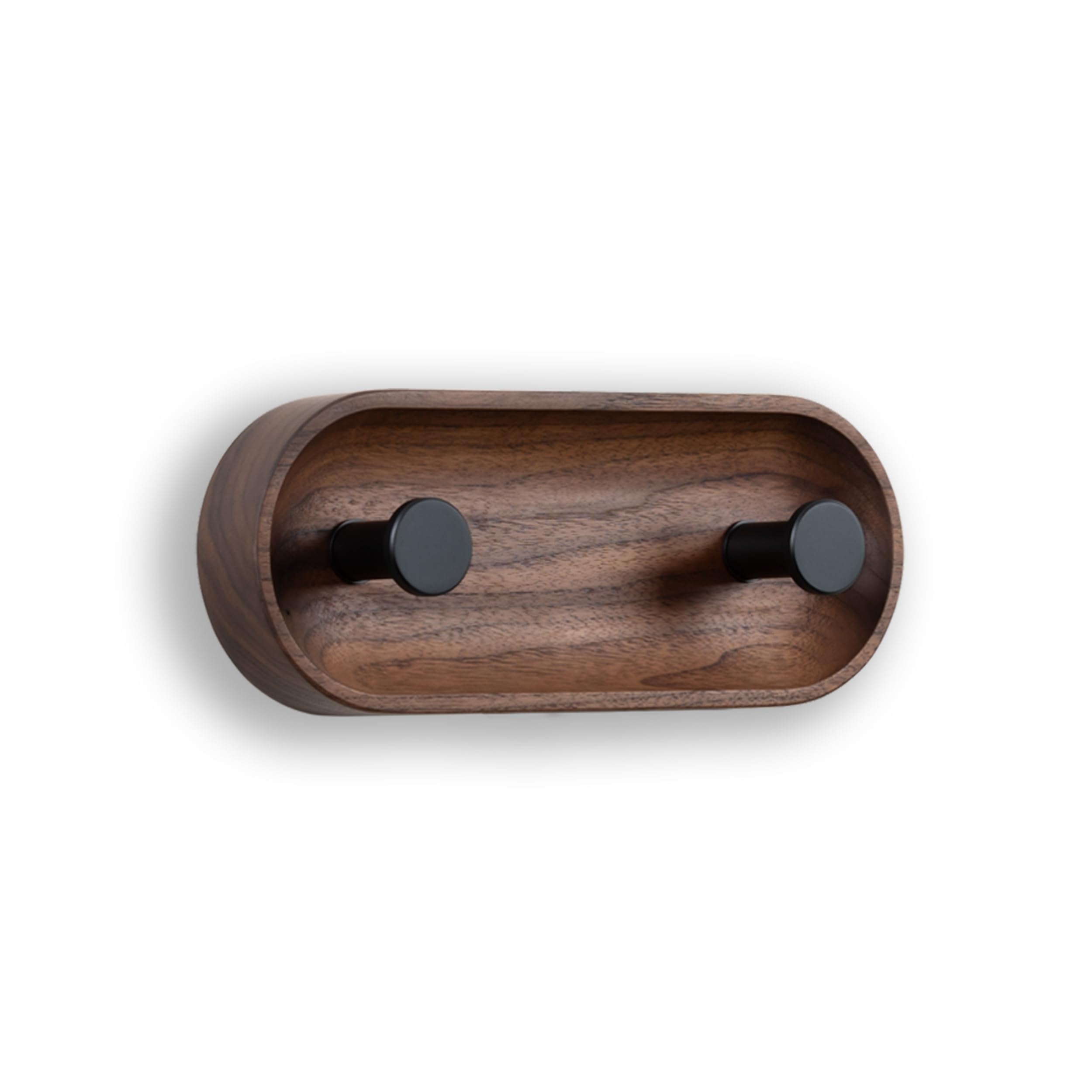 EVI Herrajes | Wall Coat Rack | 2-Hook | Solid Walnut Wood | Black Lacquered Stainless Steel Hooks | Mounting Kit Included | Mod. Cova 2CNONG