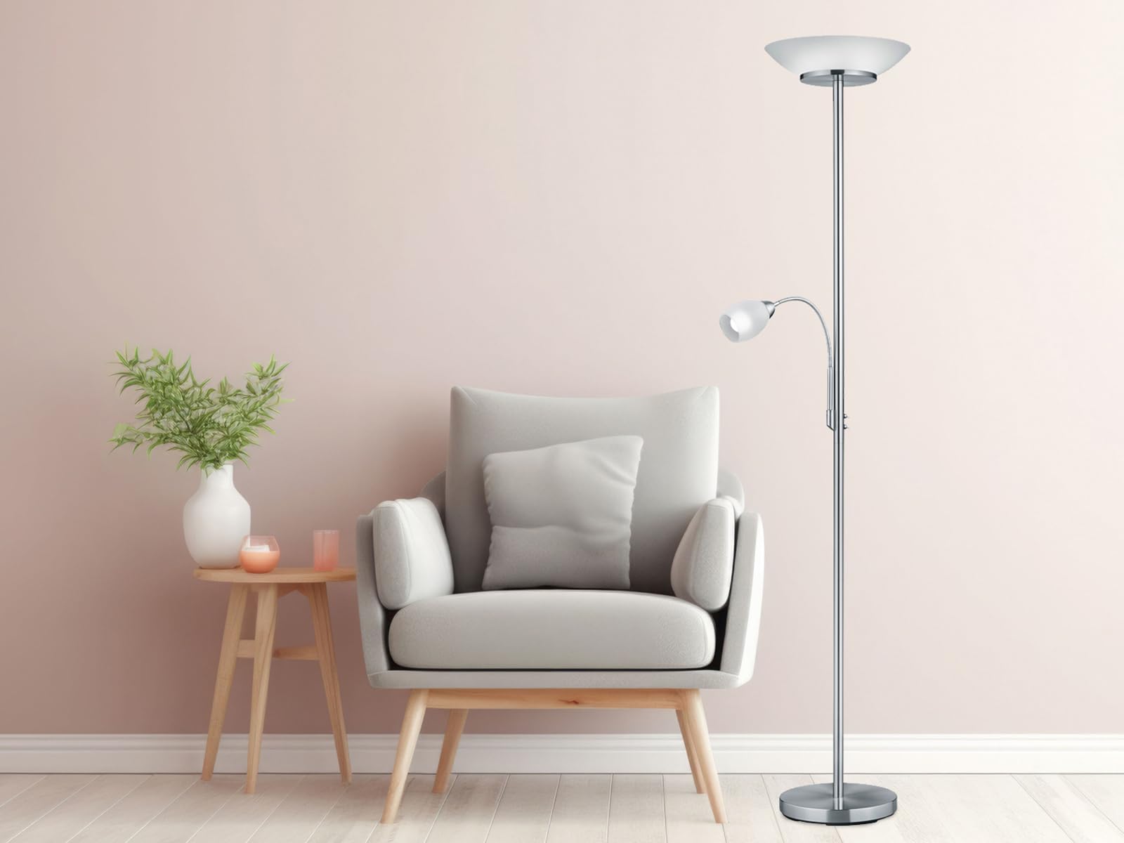 meineWunschleuchte Decken-fluter mit Leselampe & Glassschirm, Silber | Höhe 180cm, mit 2x E27 & 1x E14 LED, flex Leselicht, getrennt schaltbar, klassisches Design, Stehlampe zum Lesen
