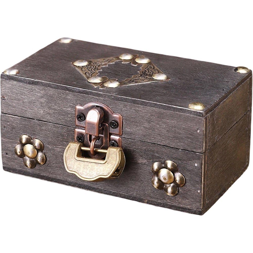 Sslvya Vintage Wooden Treasure Chest Box with Lock Small Antique Wood Jewelry Storage Boxes Decorative Storage Case Organizer Trinket Keepsake for Home Decor