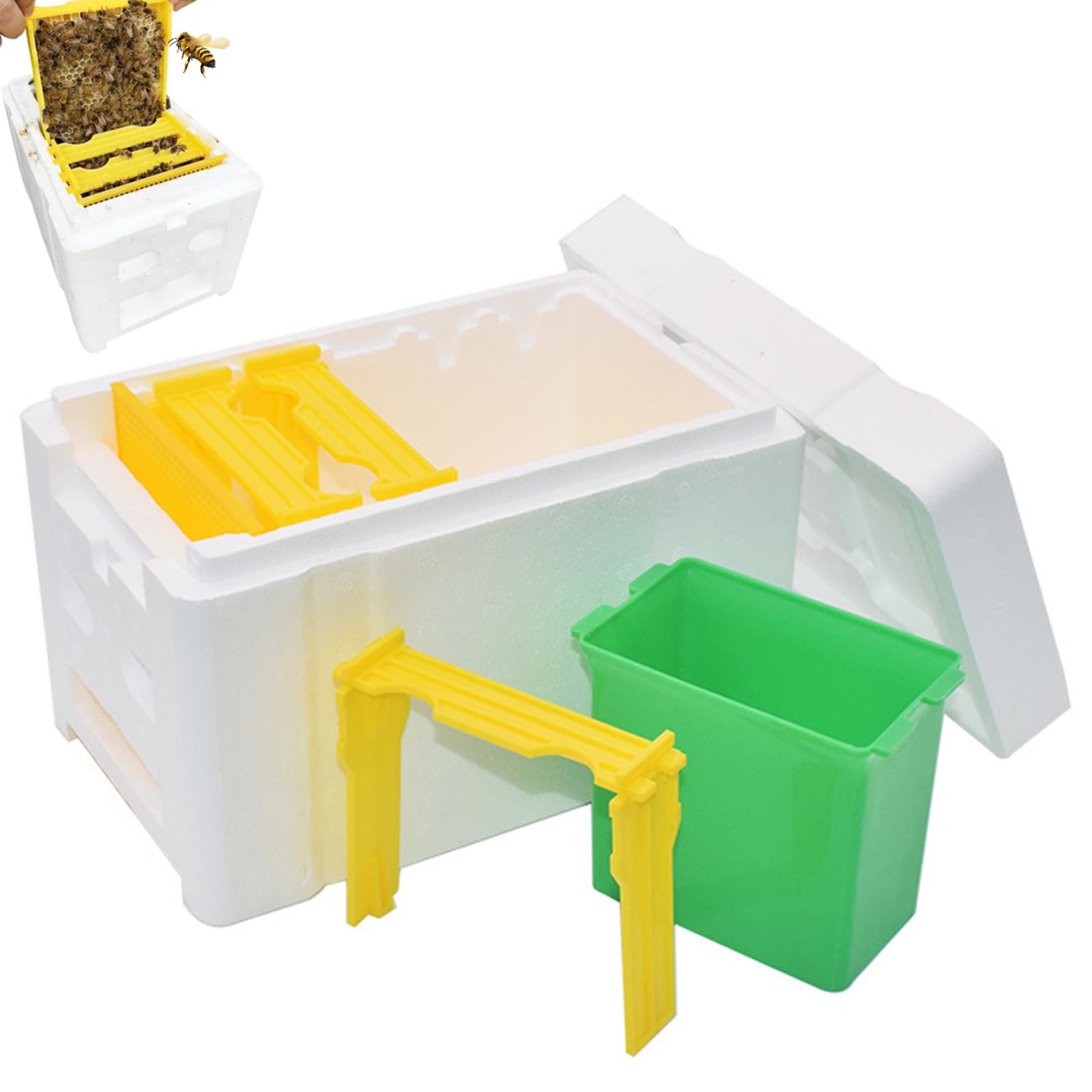 Cassette per api con mangiatoia per acqua, telaio mangiatoia per alveare Mangiatoie per arnie Scatola per alveare a 3 telai con porta a griglia, mini scatola in schiuma per api, forniture