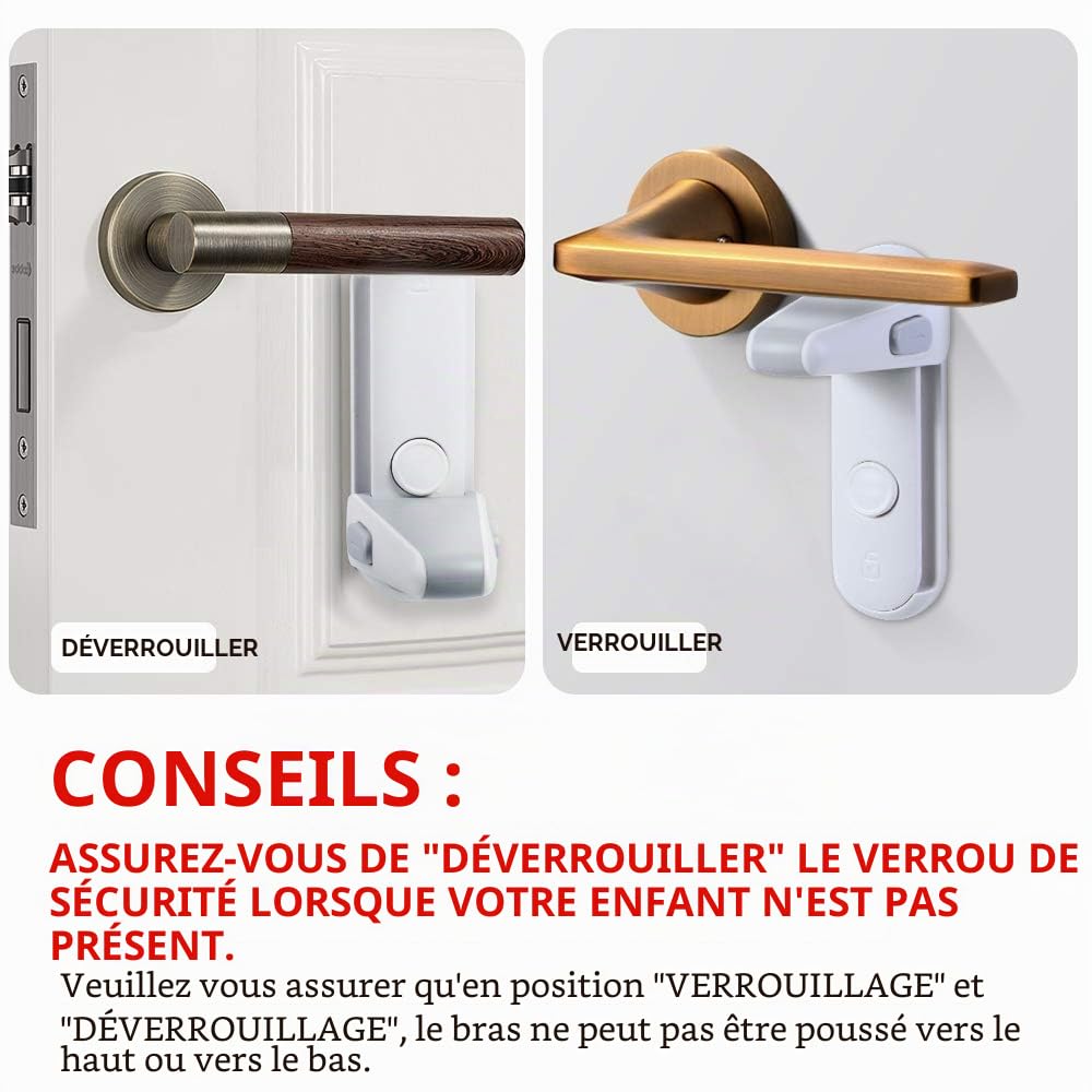 EUDEMON Verrou de levier de porte à l'épreuve des enfants, serrure de poignée de porte de sécurité pour bébé, facile à installer et à utiliser Adhésif sans outils ni perceuse (Blanc, 2 Pièces)
