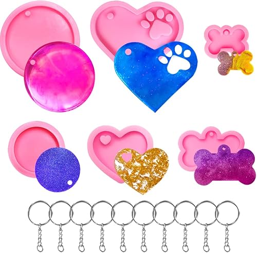 Juego de 16 moldes de resina de silicona, diseño de pata de gato y corazón redondo con 10 llaveros para decoración de llaveros