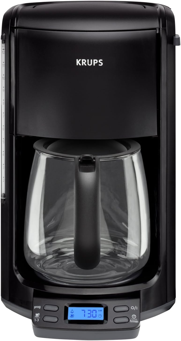 KRUPS FME214 Programmable Coffee Maker Machine with Glass Carafe and LED Control Panel, 12-cup, Black