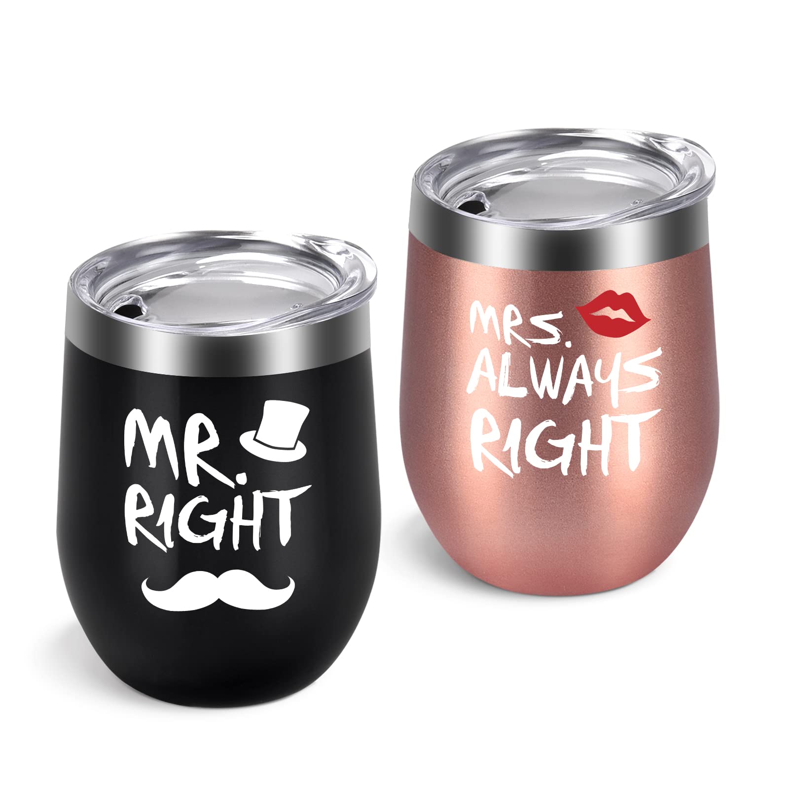 Mr. Right Mrs. Always Right Wine Tumbler Set, Wedding Engagement Gifts for Husband Wife Newlywed Couples Anniversary Bride Bridal Shower, 12 Oz Stainless Steel Wine Tumbler, Black and Rose Gold