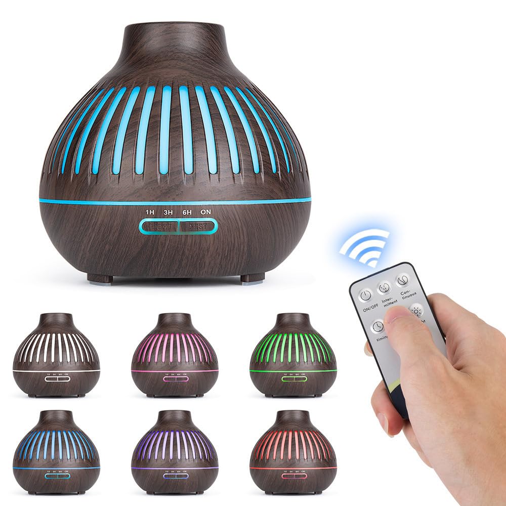 Essential Oil Diffuser, Aromatherapy Diffuser 500ml with Remote Control, 4 Timer & Auto-Off Safety Switch, 7 Color LED Lights Mode, 10 Hours Quiet Humidifier for Bedroom, Office & Home (G.Dark Brown)