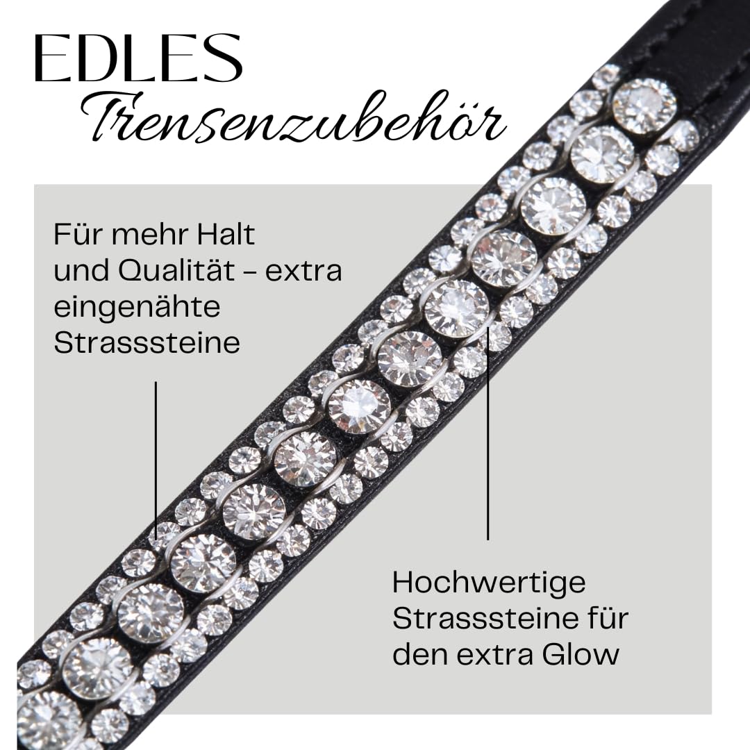 Pferdelinis Correa para la cabeza curvada con cristales brillantes de aspecto plateado – crea un aspecto elegante y glamuroso en el entrenamiento y el torneo (blanco y negro, pura sangre (Cob))