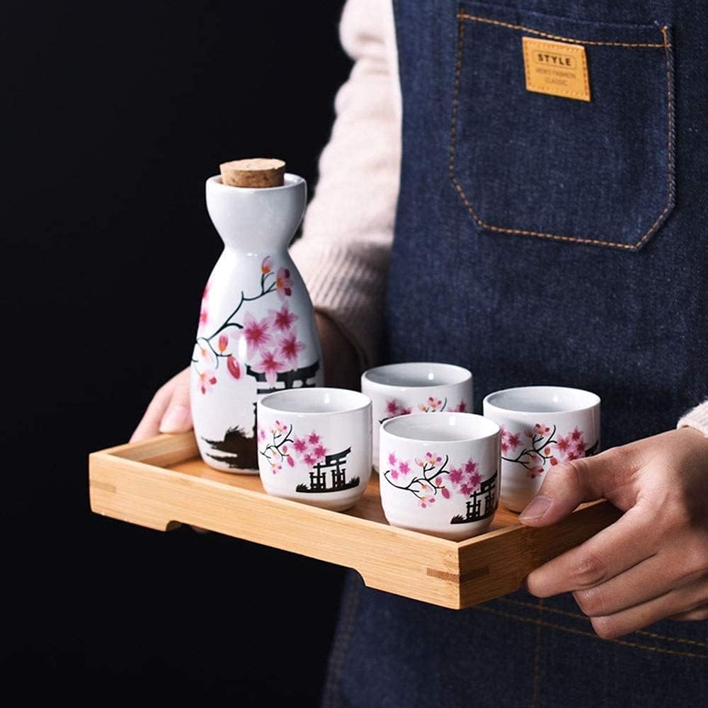 Pink Japanese Sake Set, Porcelain, Traditional Hand-Painted Craft, White, Set of 5